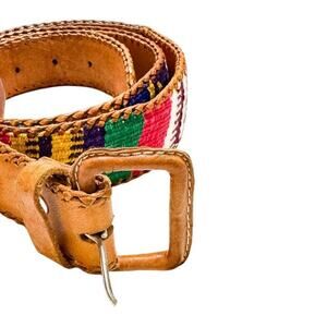 Vintage Handwoven Belt Leather Traditional Guatemalan Multicolor Textile Size 38